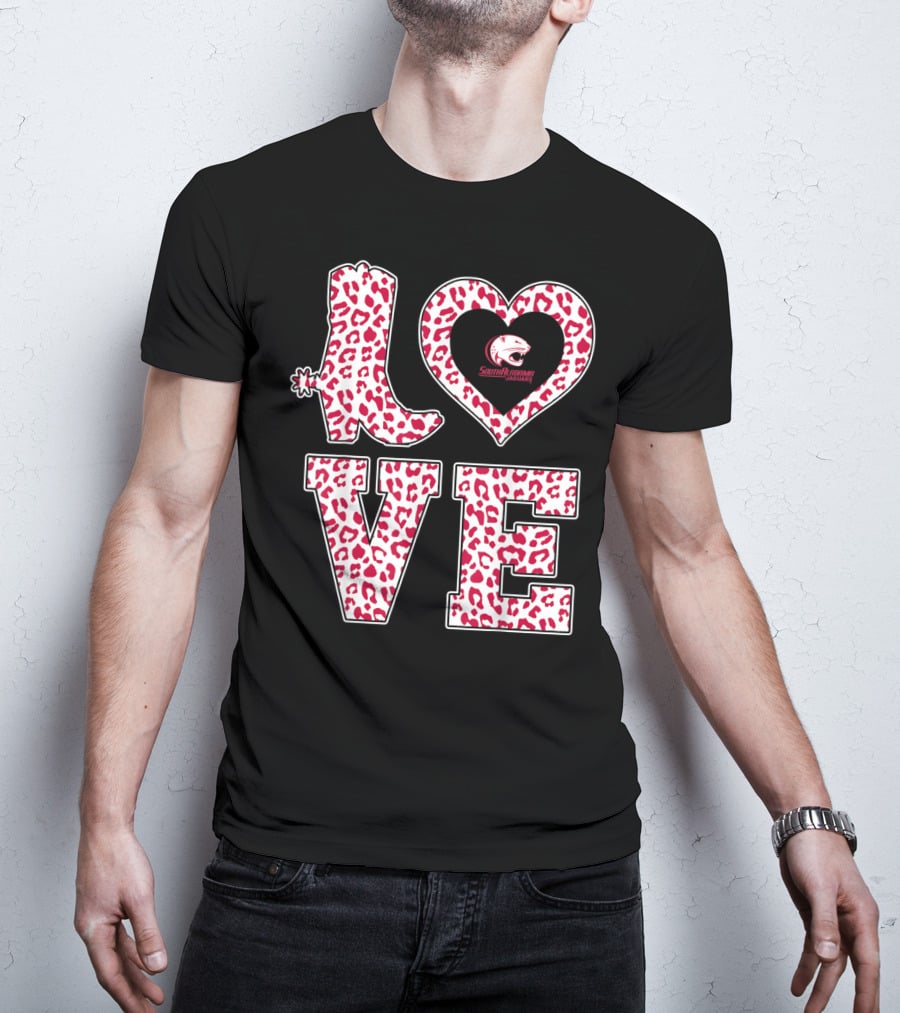 South Alabama Jaguars Leopard Print Love Logo Graduation T-Shirt
