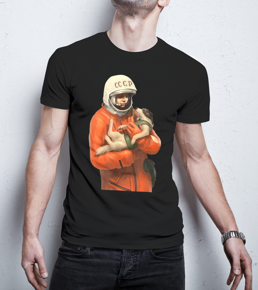 Soviet Space Gagarin USSR CCCP Cosmonaut With Dog In Orange Suit T-Shirt