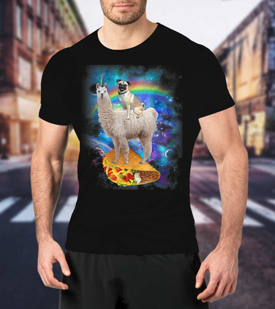 Space Pug On Llama With Taco In Galaxy Background T-Shirt