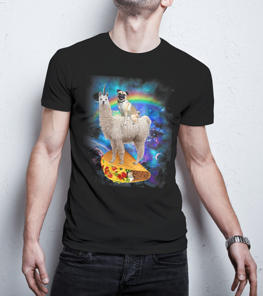 Space Pug On Llama With Taco In Galaxy Background T-Shirt