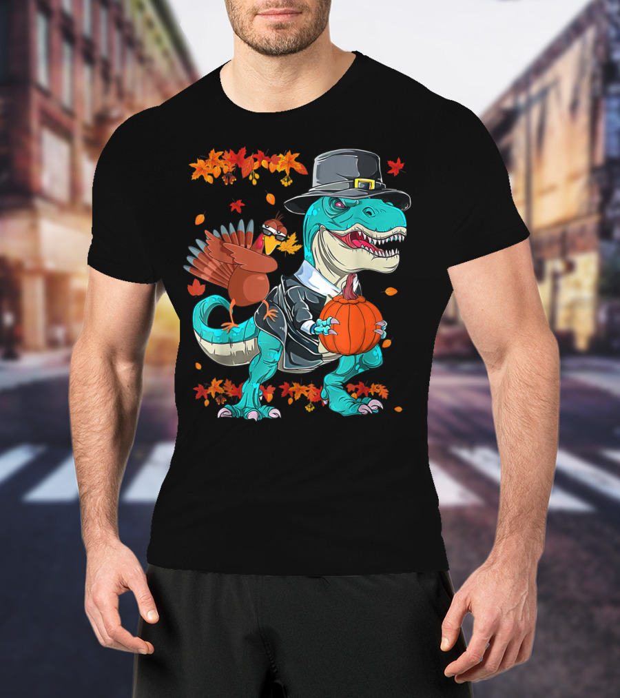 Thanksgiving Pilgrim T-Rex Dinosaur Dabbing Turkey With Pumpkin And Autumn Leaves T-Shirt