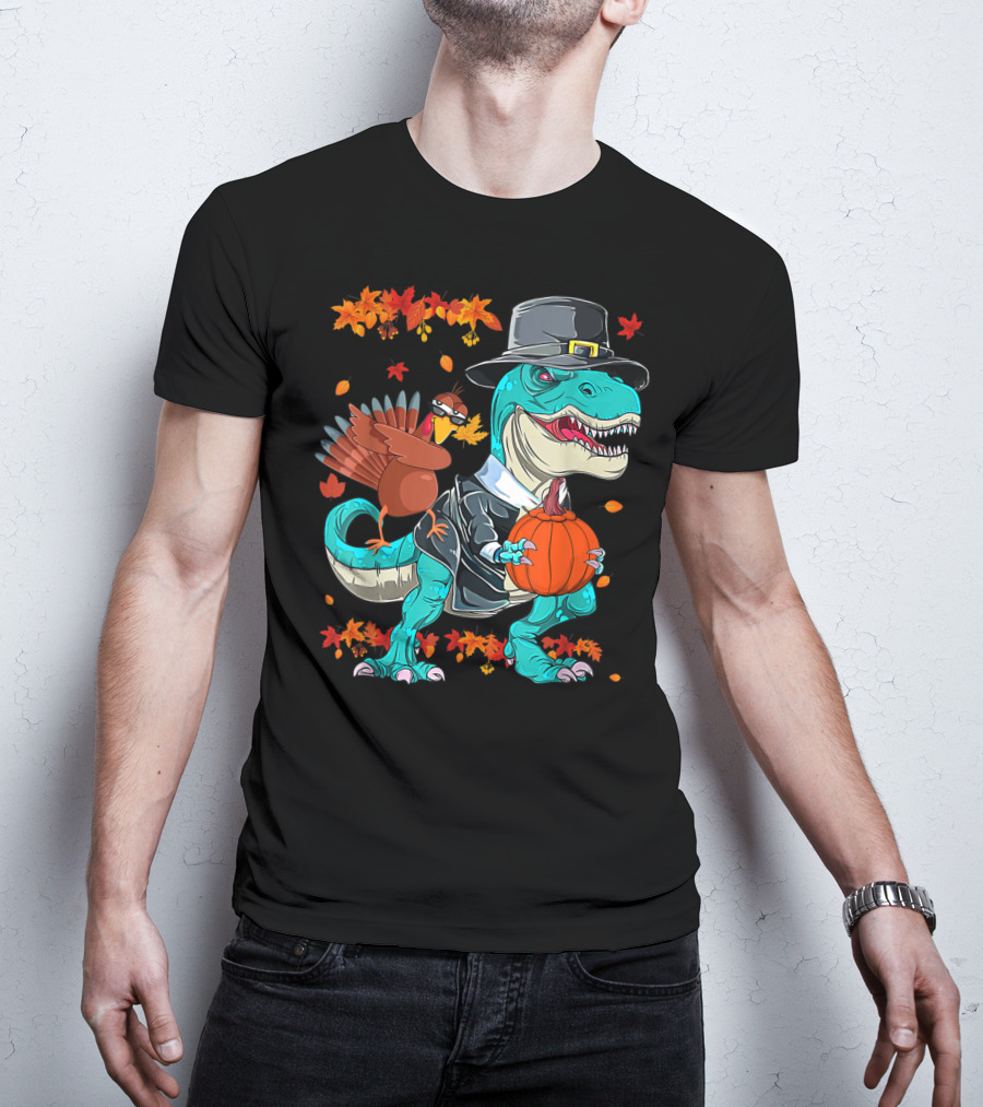 Thanksgiving Pilgrim T-Rex Dinosaur Dabbing Turkey With Pumpkin And Autumn Leaves T-Shirt