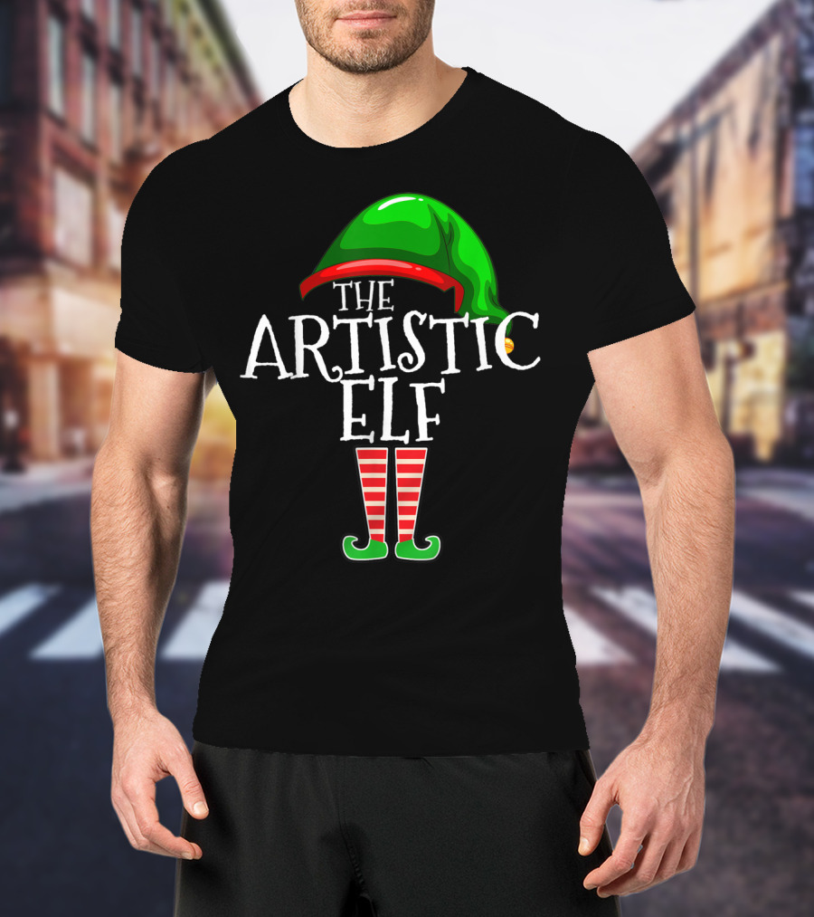The Artistic Elf Green Hat Red Striped Socks T-Shirt