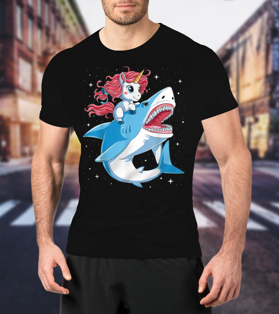 Unicorn Riding Shark In Space Galaxy Adventure T-Shirt