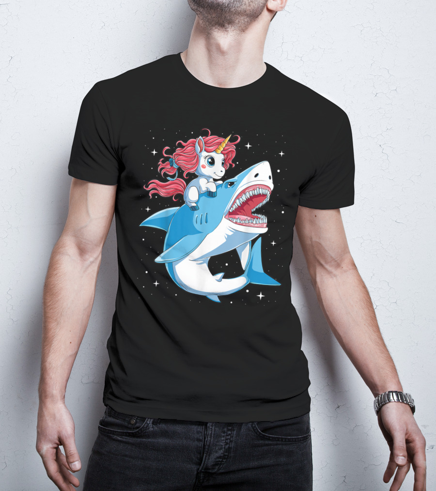 Unicorn Riding Shark In Space Galaxy Adventure T-Shirt
