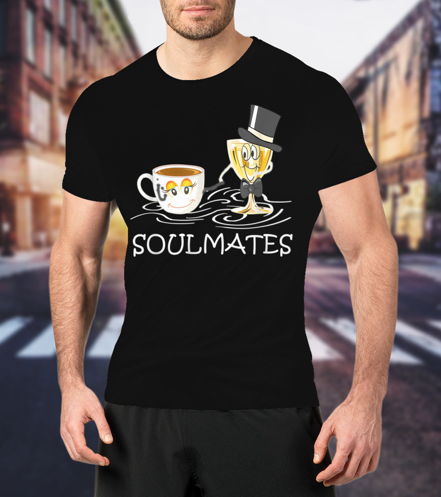 Funny Wine And Coffee Soulmates With Smiling Cup And Glass In Love T-Shirt