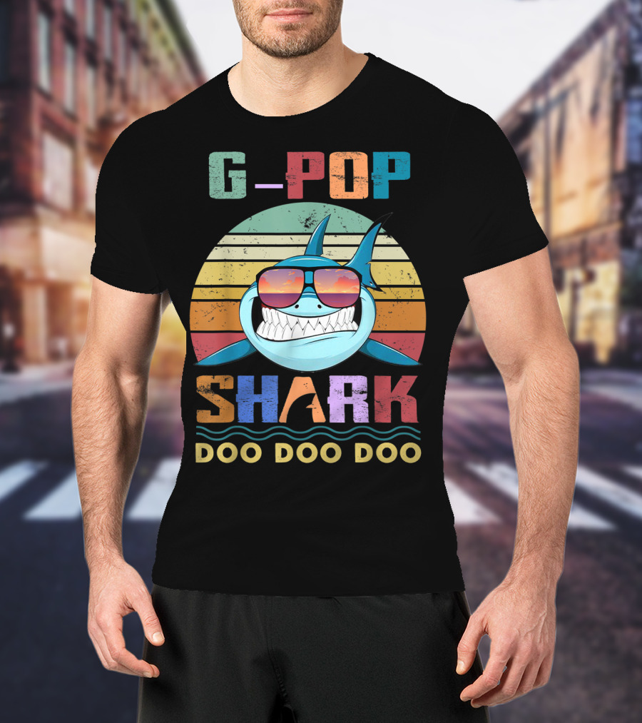 G Pop Shark Doo Doo Doo Retro Sunglasses Ocean Vintage Sunset T-Shirt