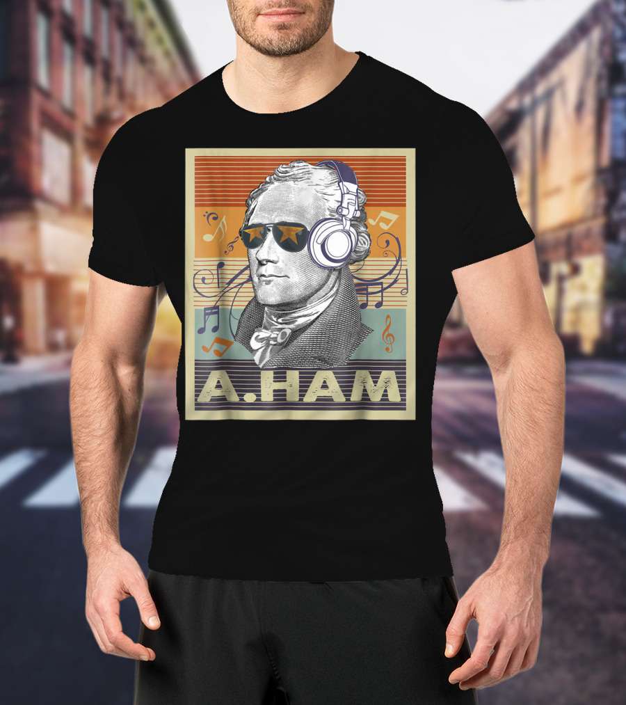 A. Ham Hamilton Headphones Music Notes Retro Vibe T-Shirt