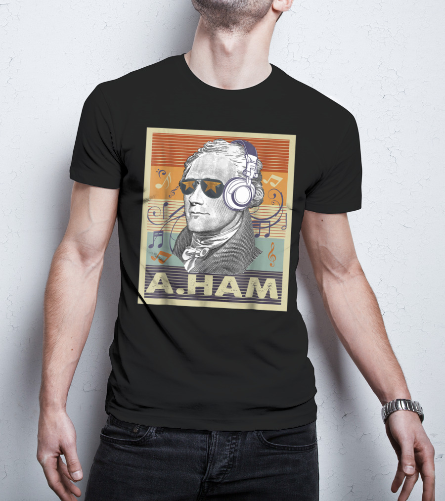 A. Ham Hamilton Headphones Music Notes Retro Vibe T-Shirt
