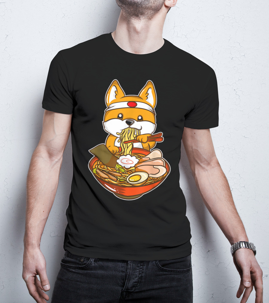 Kawaii Japanese Anime Shiba Inu Enjoying Ramen Bowl T-Shirt