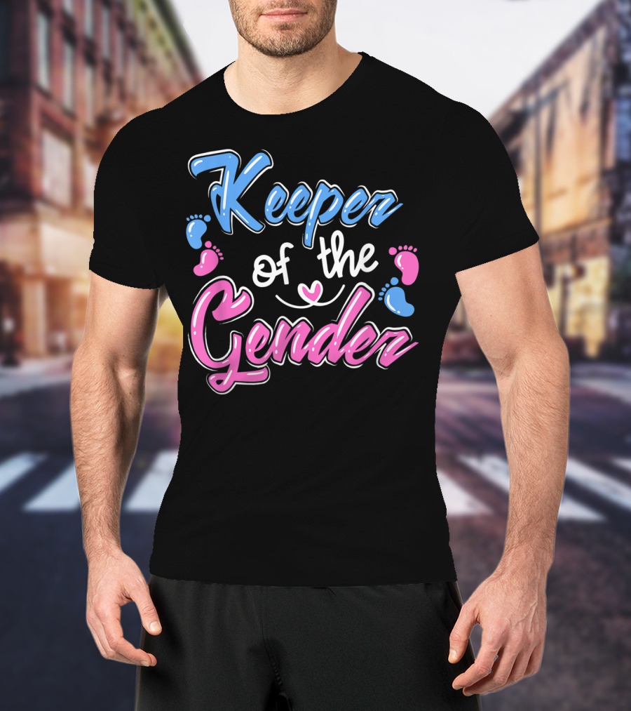 Keeper Of The Gender Reveal Announcement With Pink And Blue Baby Footprints T-Shirt