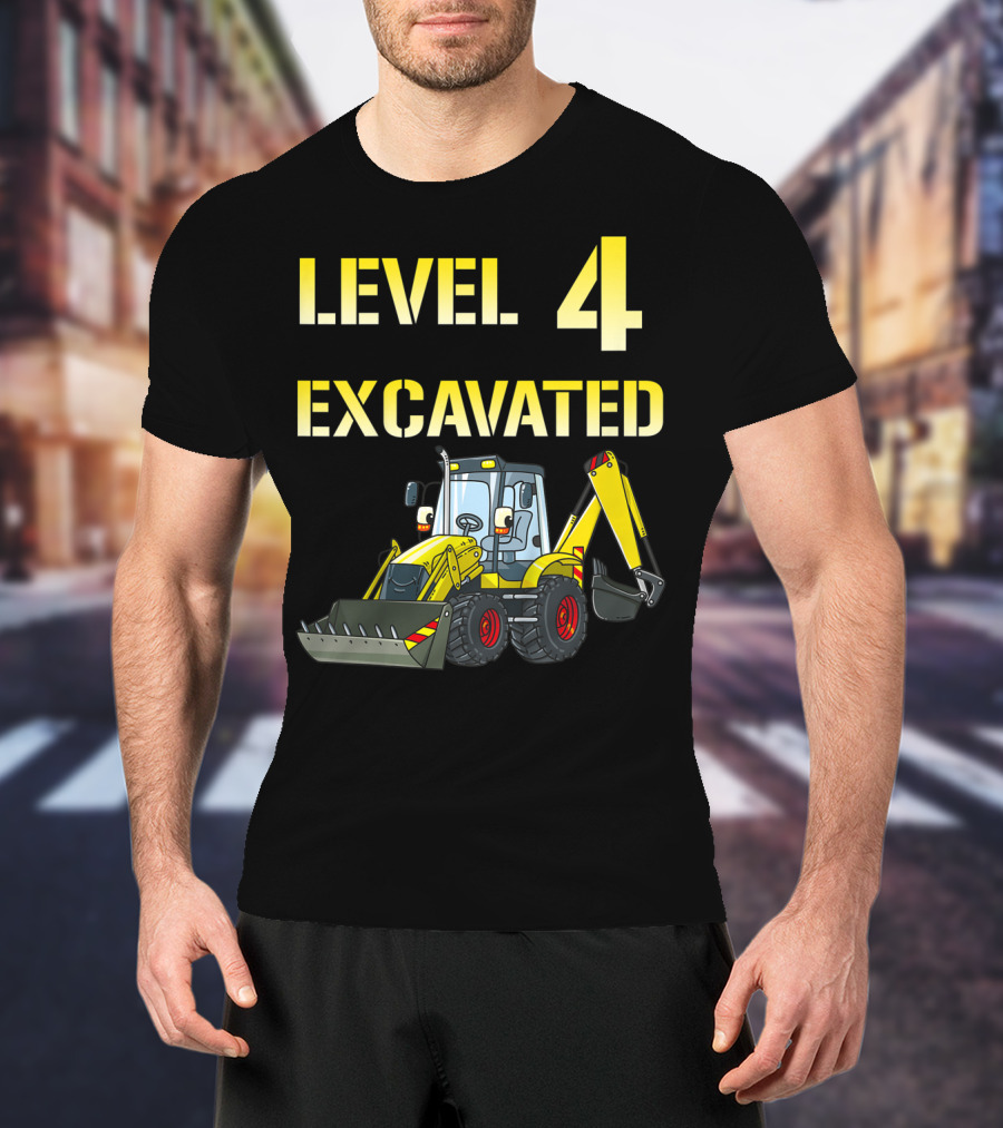Level 4 Excavated Kids Excavator Birthday 4 Year Old Bday Boy T-Shirt