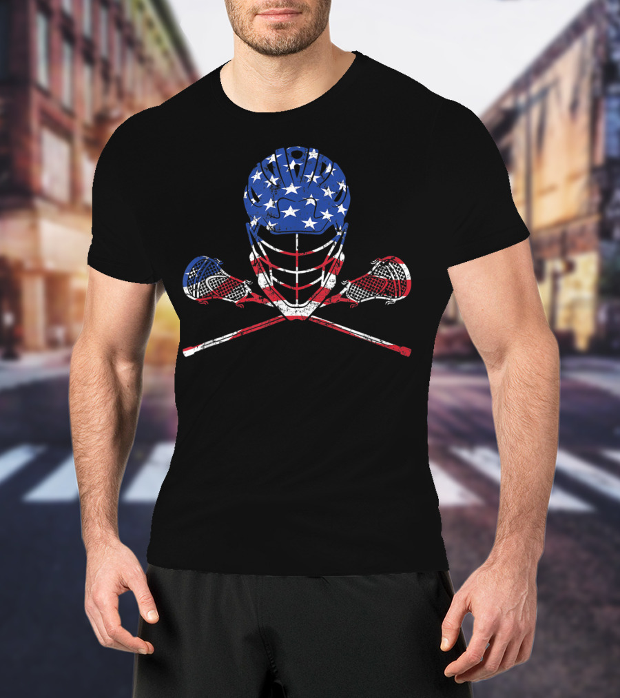 American Flag Lax Helmet And Sticks Lacrosse T-Shirt