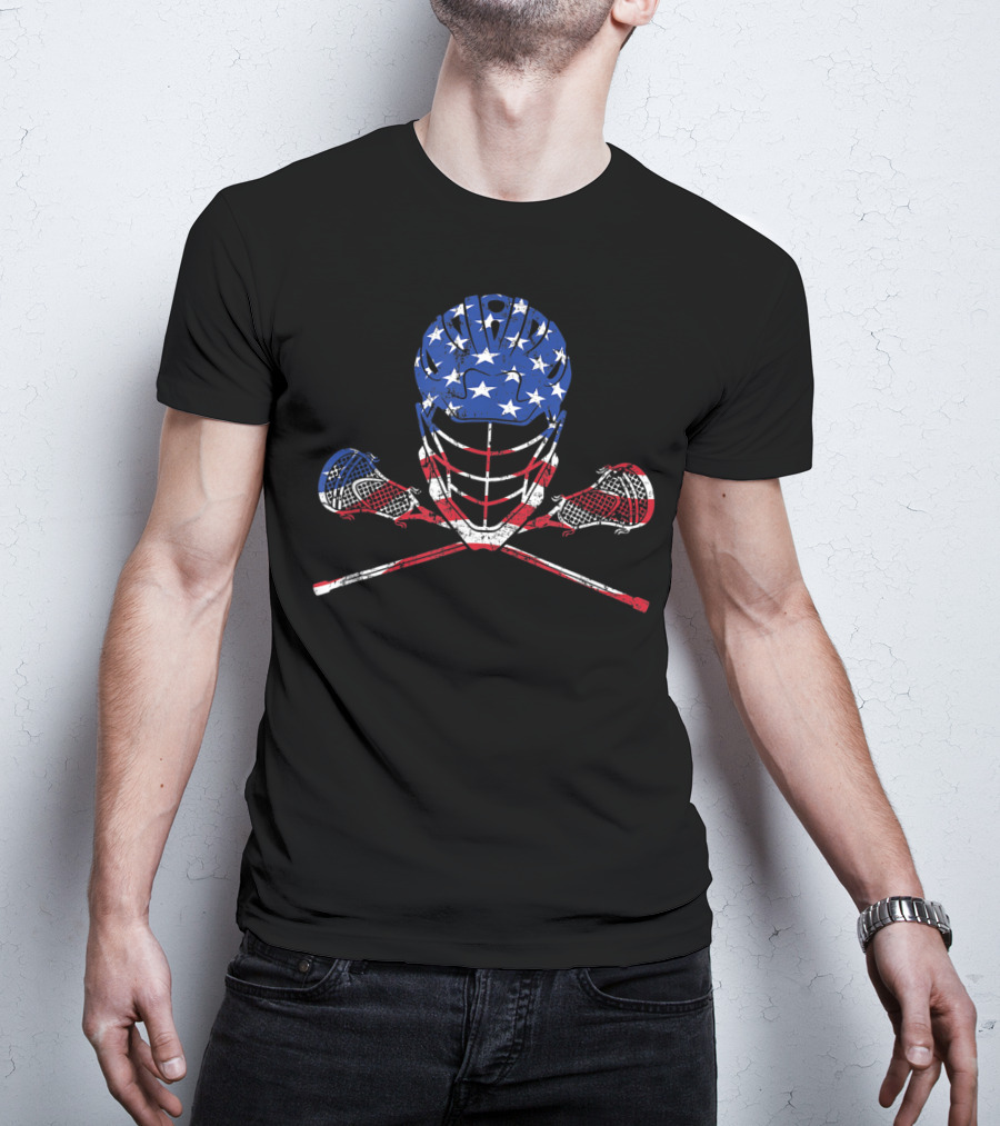 American Flag Lax Helmet And Sticks Lacrosse T-Shirt