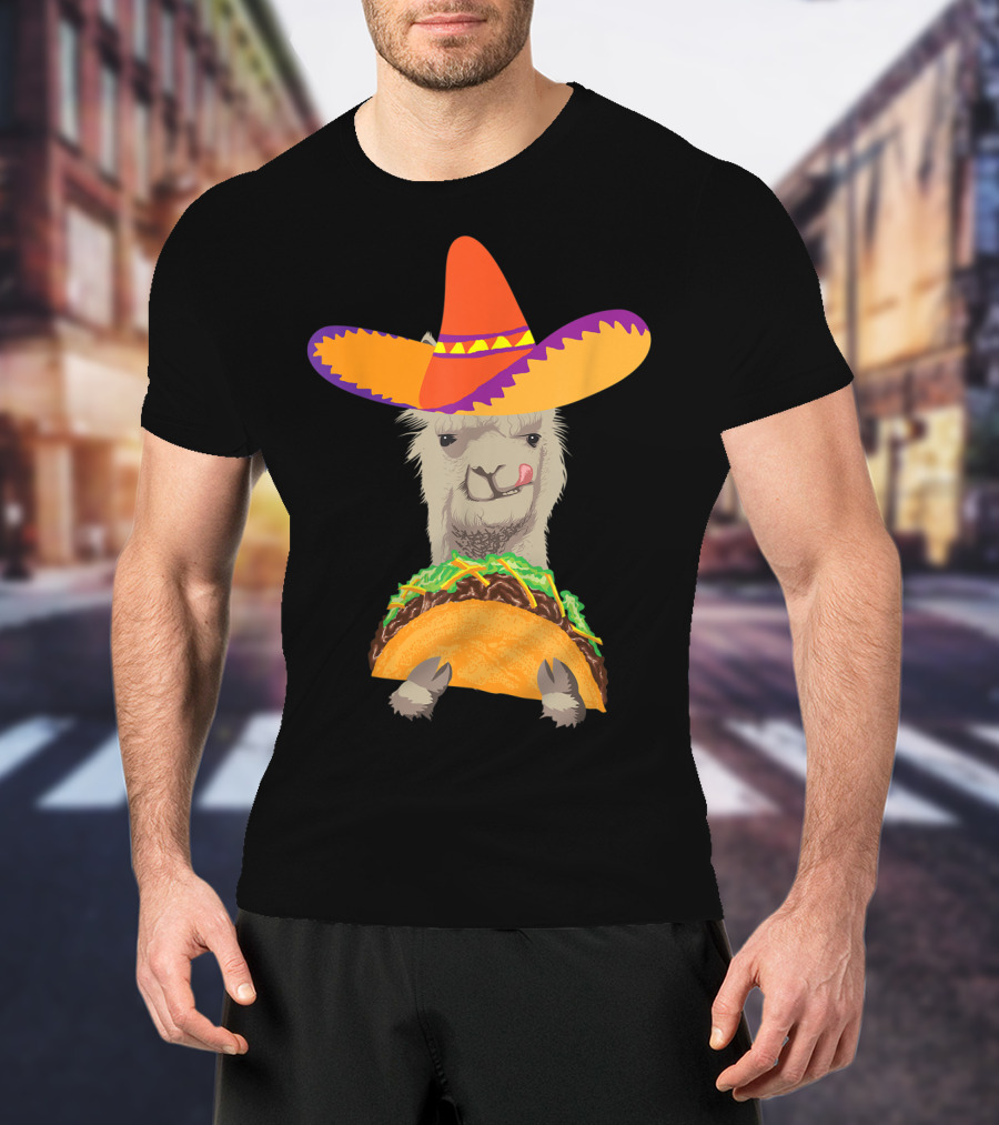 Llama Eating Taco With Sombrero Cool Mexican Alpaca T-Shirt