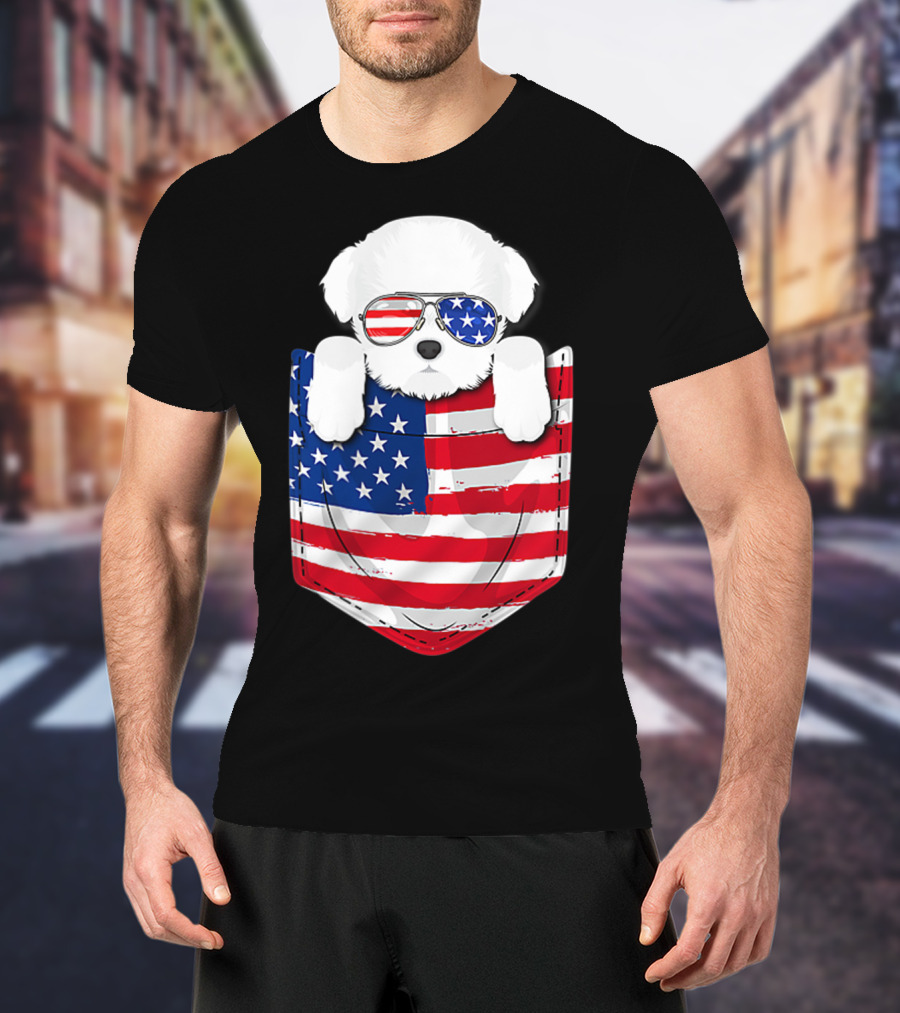 Maltese Dog Peeking Pocket American Flag Sunglasses T-Shirt