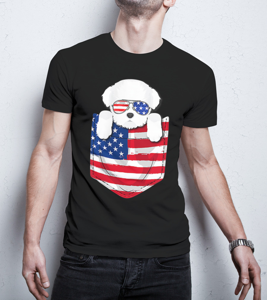 Maltese Dog Peeking Pocket American Flag Sunglasses T-Shirt