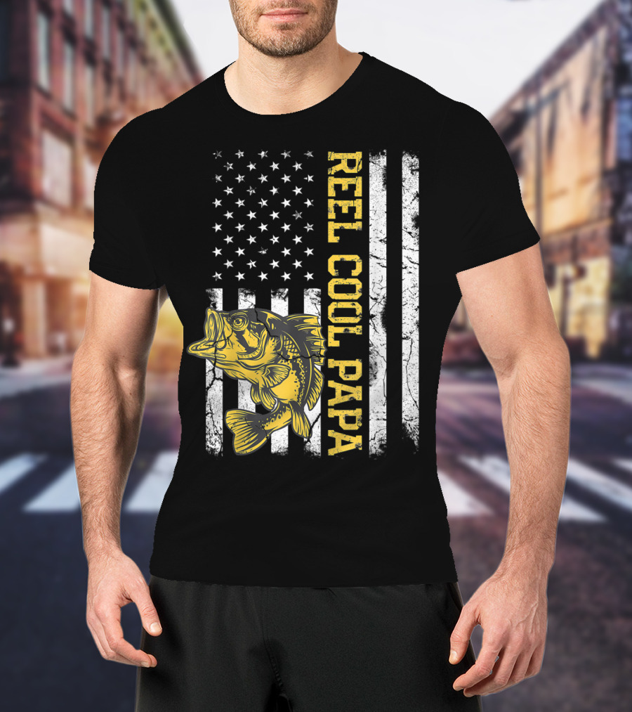 Father's Day Fishing Reel Cool Papa American Flag Bass T-Shirt