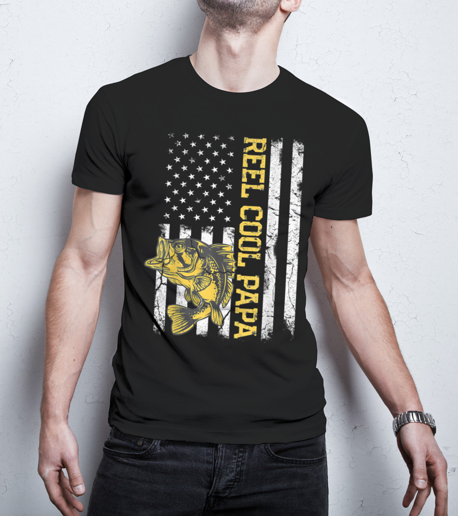 Father's Day Fishing Reel Cool Papa American Flag Bass T-Shirt
