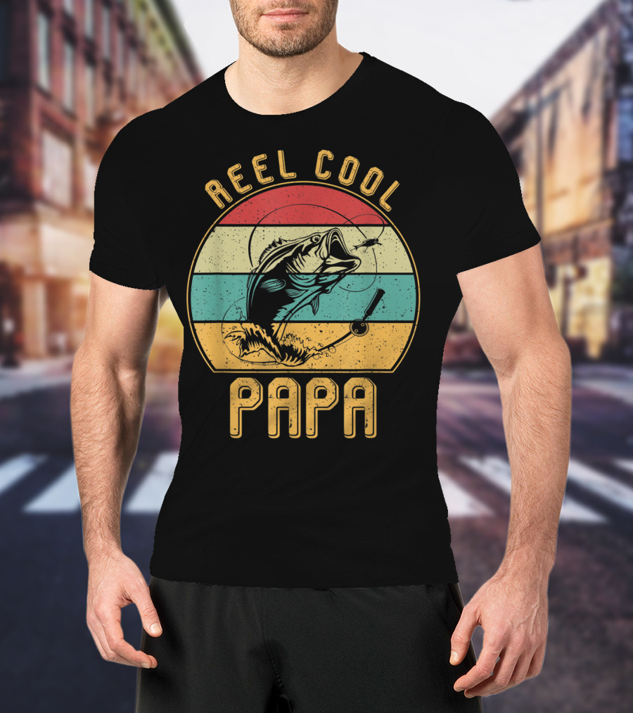 Reel Cool Papa Fishing Father's Day Retro Striped T-Shirt