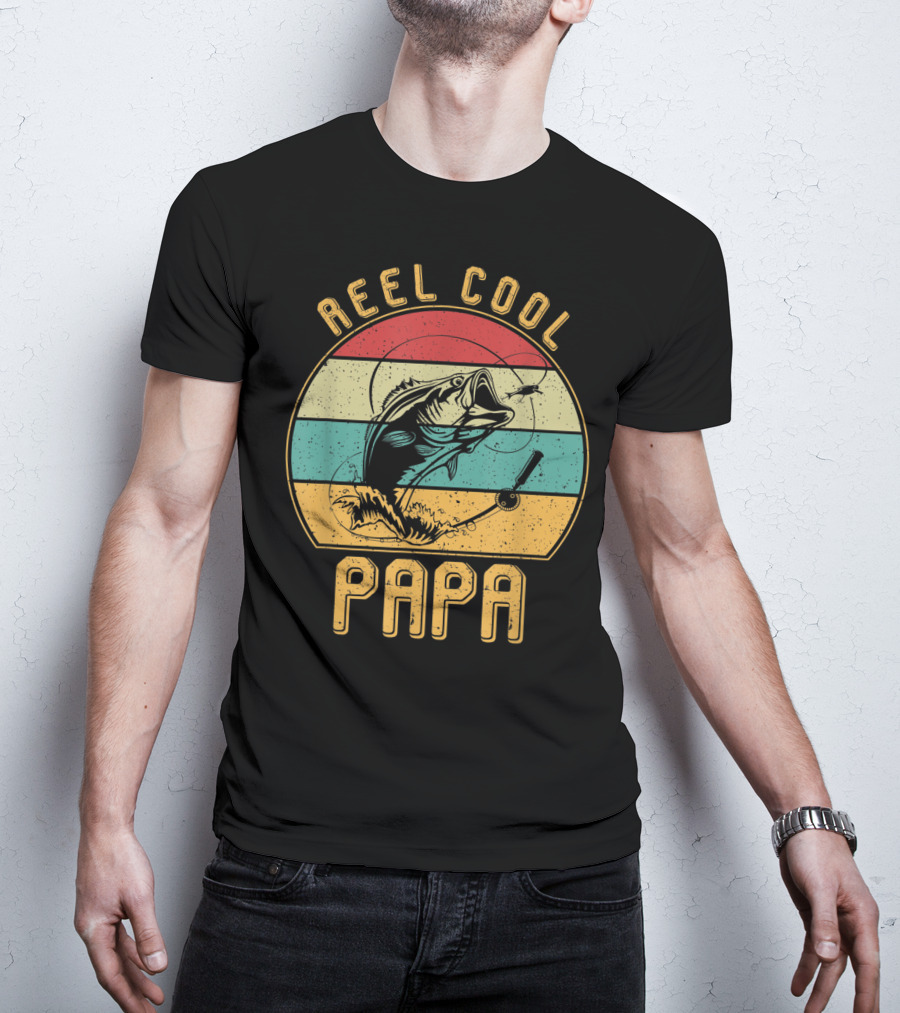 Reel Cool Papa Fishing Father's Day Retro Striped T-Shirt