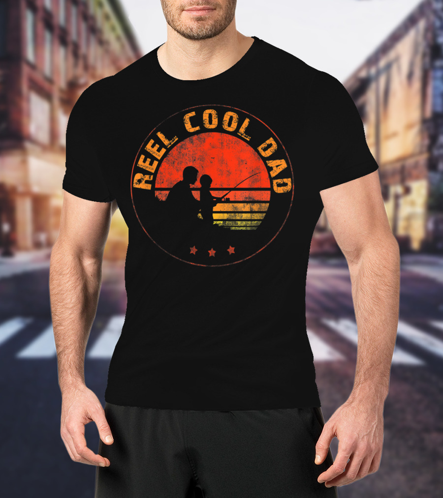 Reel Cool Dad Fishing Daddy Vintage Retro Sunset T-Shirt
