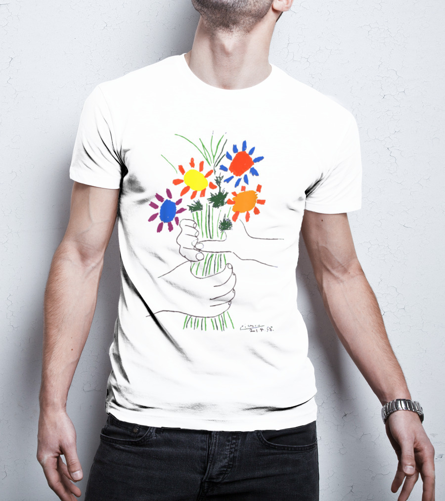 Pablo Picasso Colorful Bouquet With Hands Of Peace Signature 1958 T-Shirt