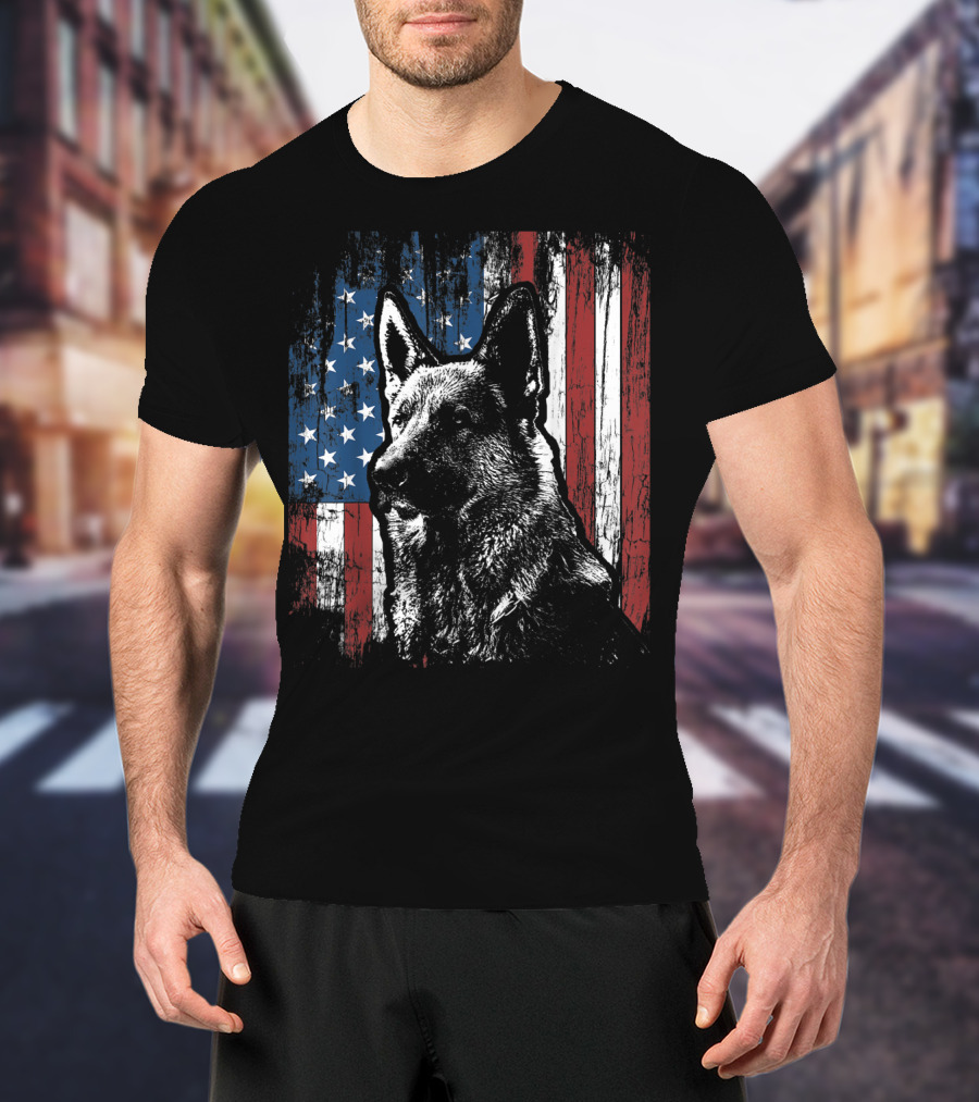 Patriotic German Shepherd With American Flag Background T-Shirt
