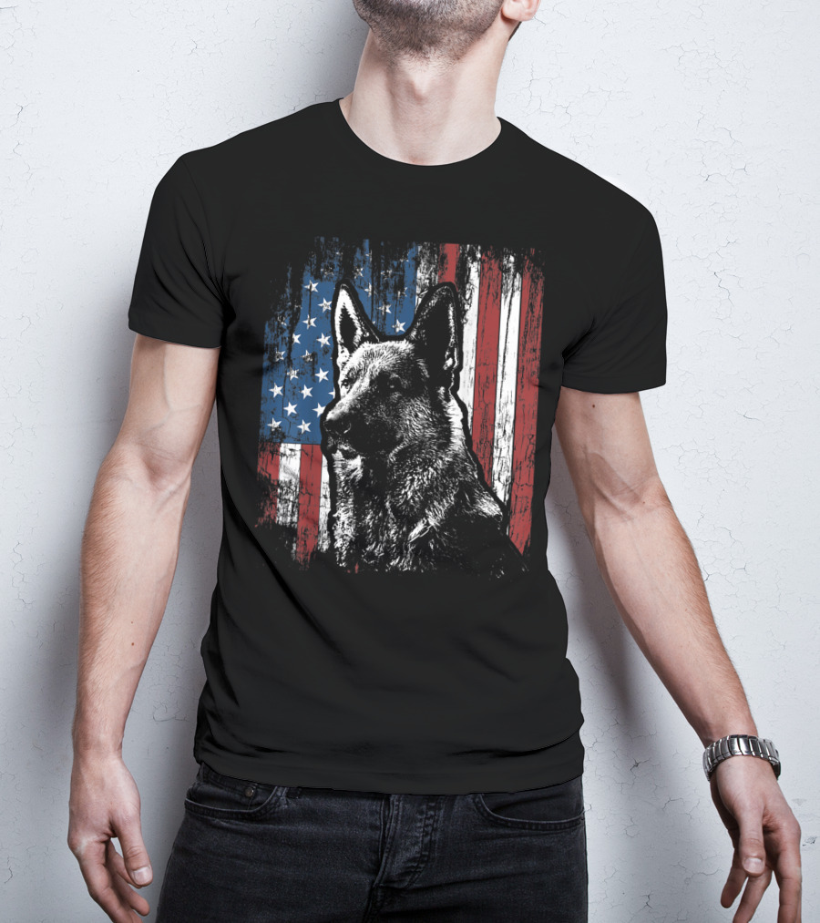 Patriotic German Shepherd With American Flag Background T-Shirt