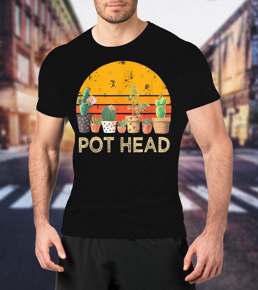 Pot Head Stone Flowers Cactus Vintage Sunset T-Shirt