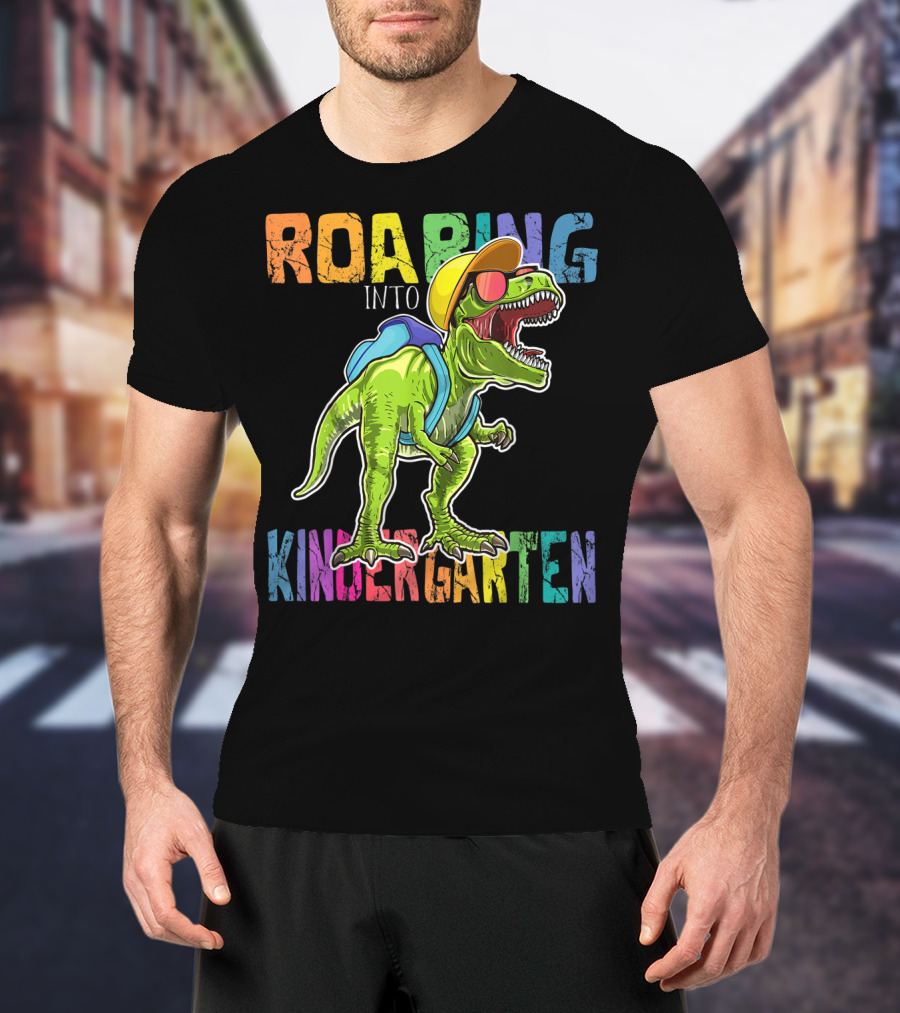 Roaring Into Kindergarten Dinosaur Rex With Backpack And Sunglasses T-Shirt