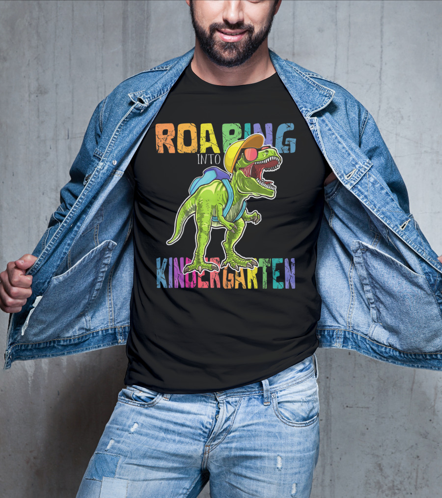 Roaring Into Kindergarten Dinosaur Rex With Backpack And Sunglasses T-Shirt