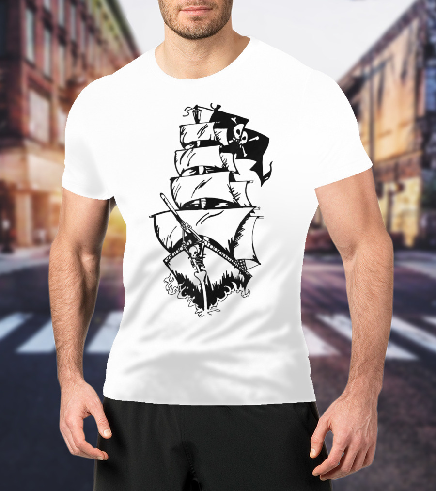 Pirate Ship With Jolly Roger Flag And Skeleton Captain T-Shirt
