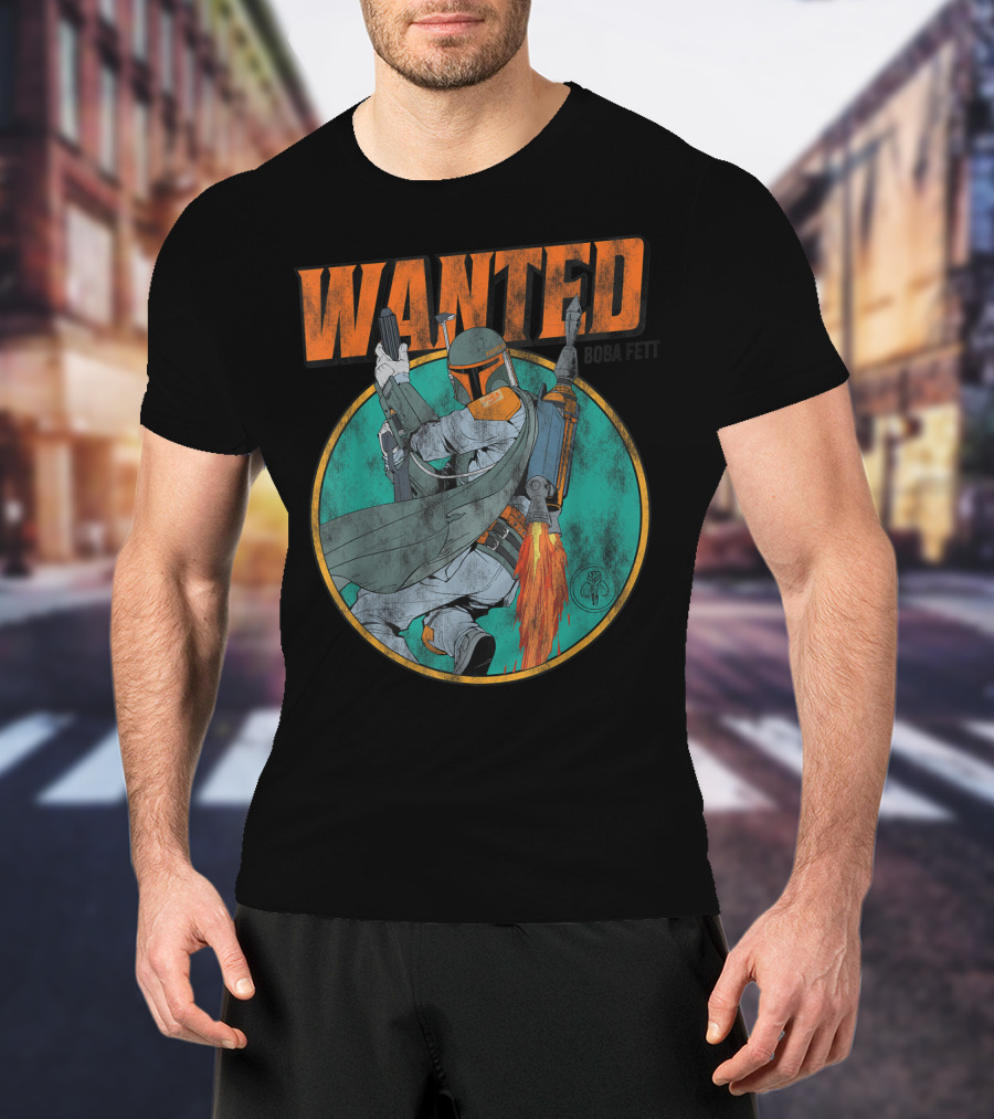 Wanted Boba Fett Star Wars Distressed Mandalorian Jetpack T-Shirt
