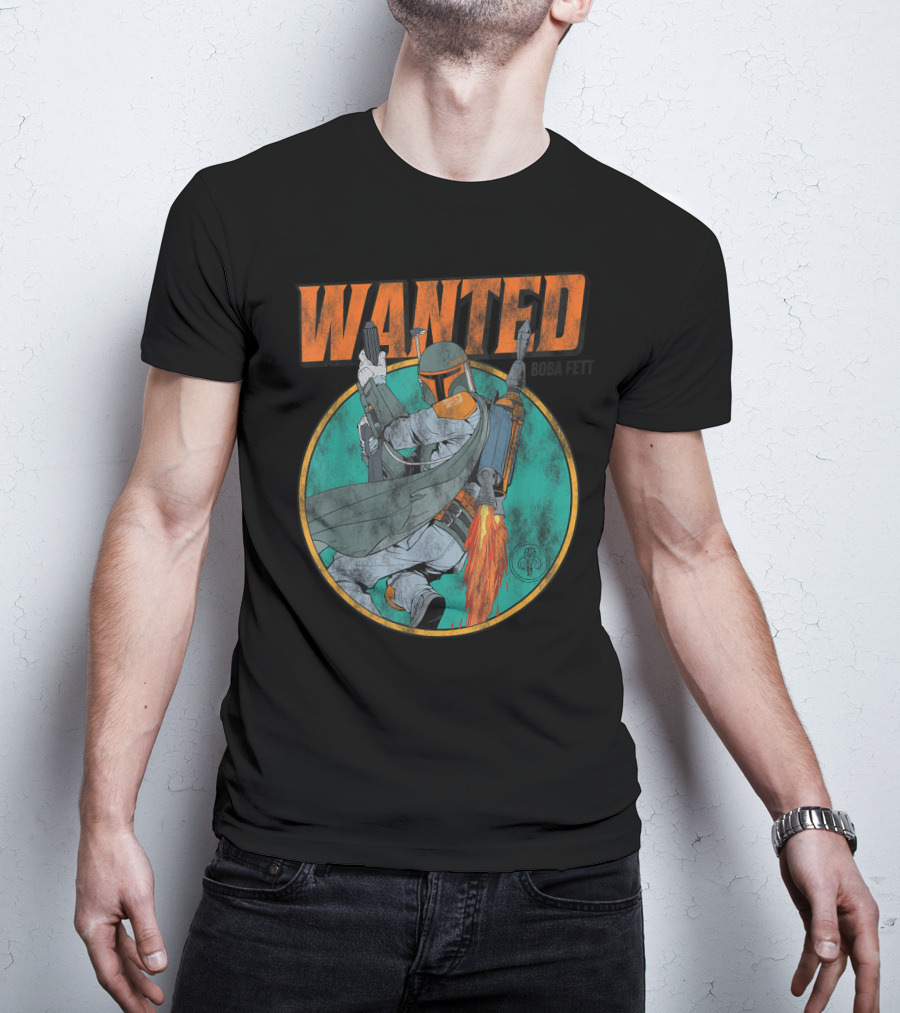 Wanted Boba Fett Star Wars Distressed Mandalorian Jetpack T-Shirt