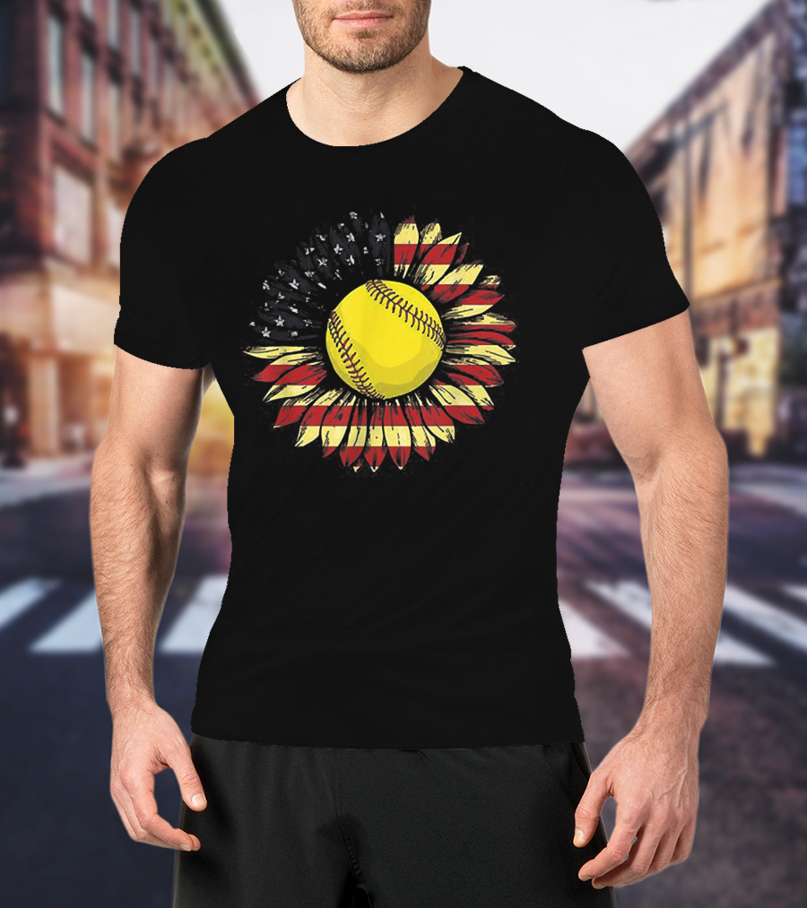 Sunflower Softball American Flag Baseball Stitching Sunflower Petals USA Colors T-Shirt