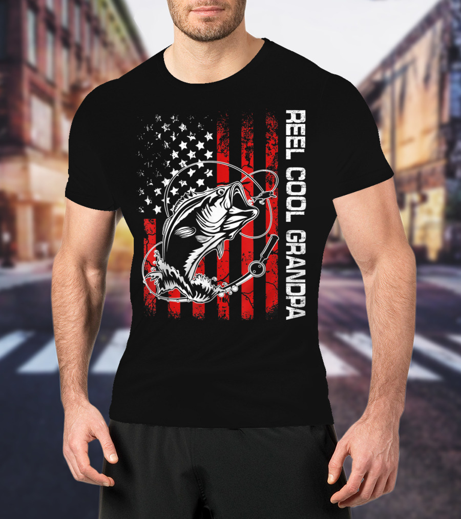Reel Cool Grandpa American Flag Fishing Bass T-Shirt