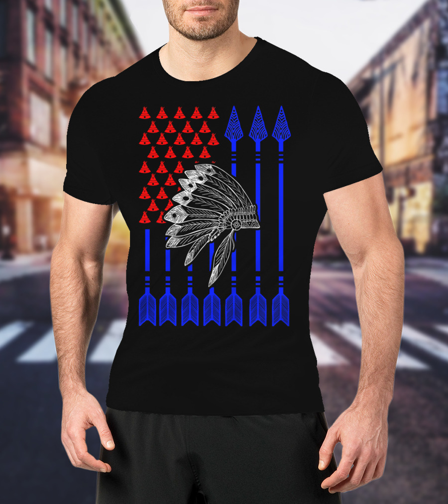 Native American Day Headdress Red Teepees Blue Arrows Flag T-Shirt