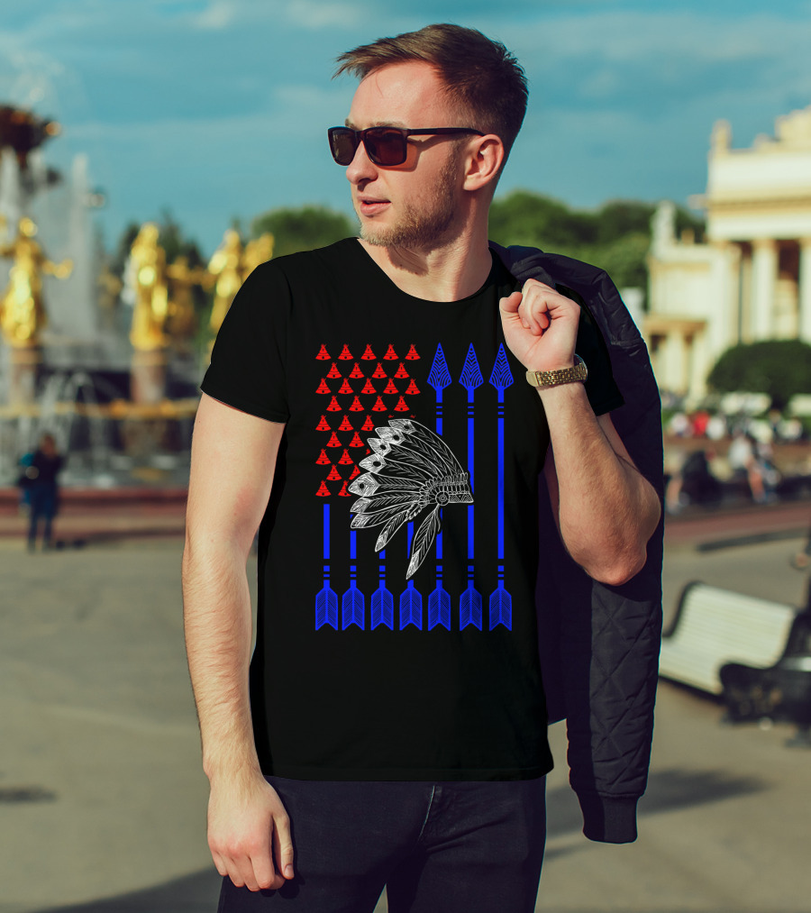 Native American Day Headdress Red Teepees Blue Arrows Flag T-Shirt