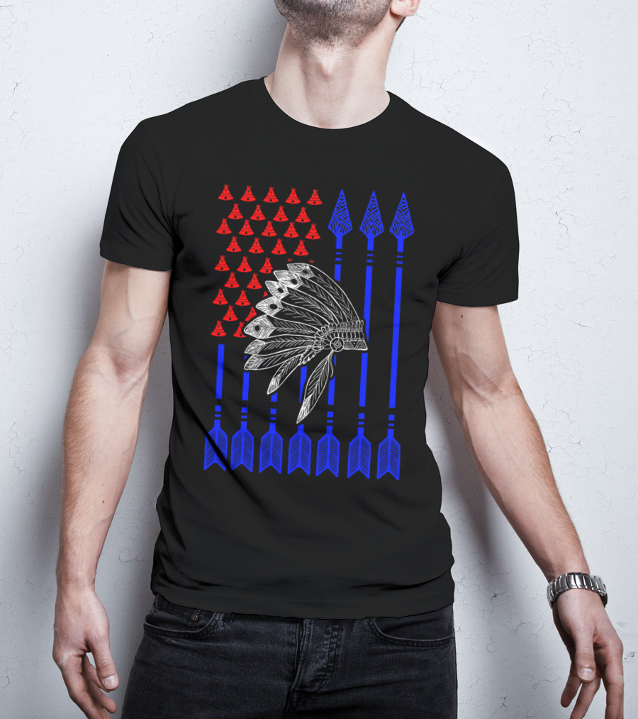 Native American Day Headdress Red Teepees Blue Arrows Flag T-Shirt