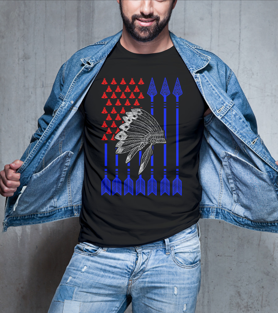 Native American Day Headdress Red Teepees Blue Arrows Flag T-Shirt