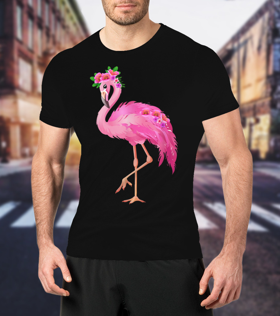 Pink Flamingo With Watercolor Hawaiian Flower Crown And Feathers T-Shirt