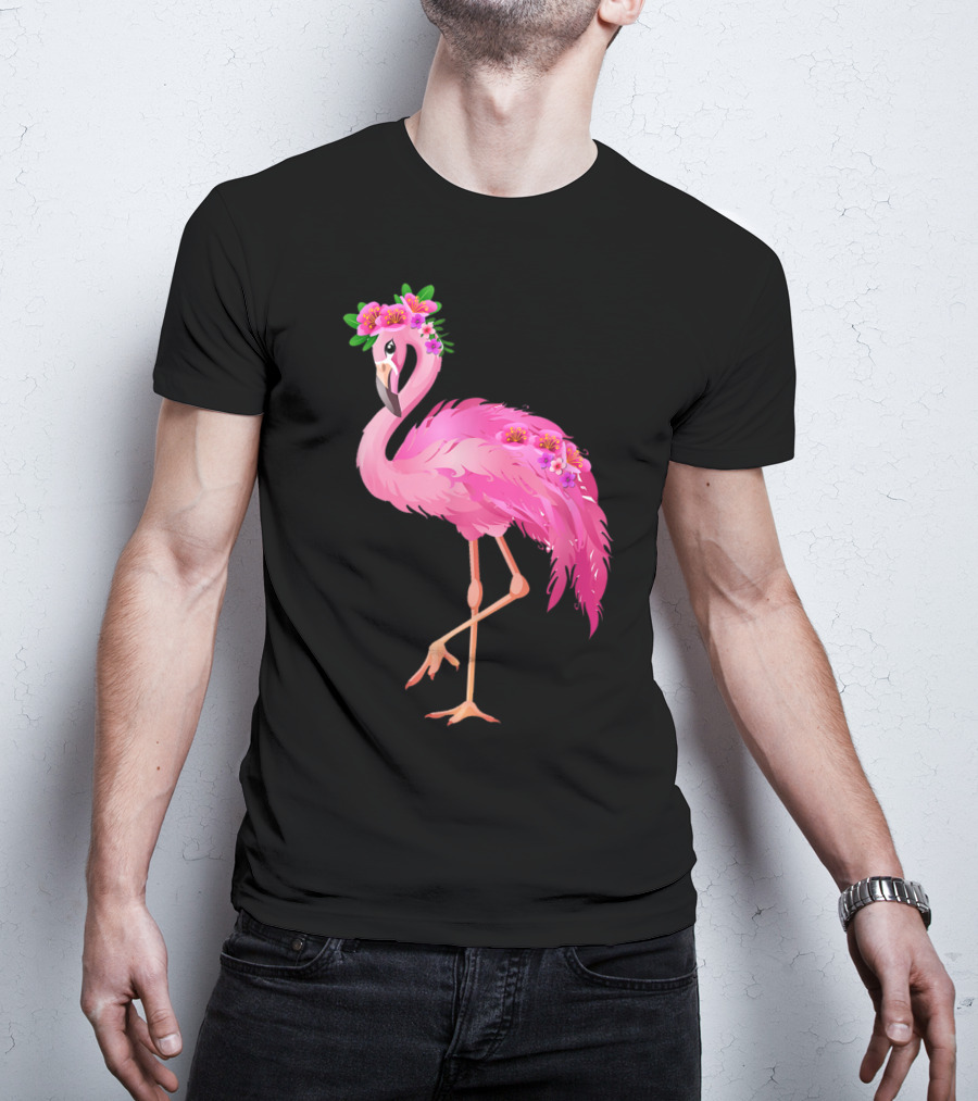 Pink Flamingo With Watercolor Hawaiian Flower Crown And Feathers T-Shirt