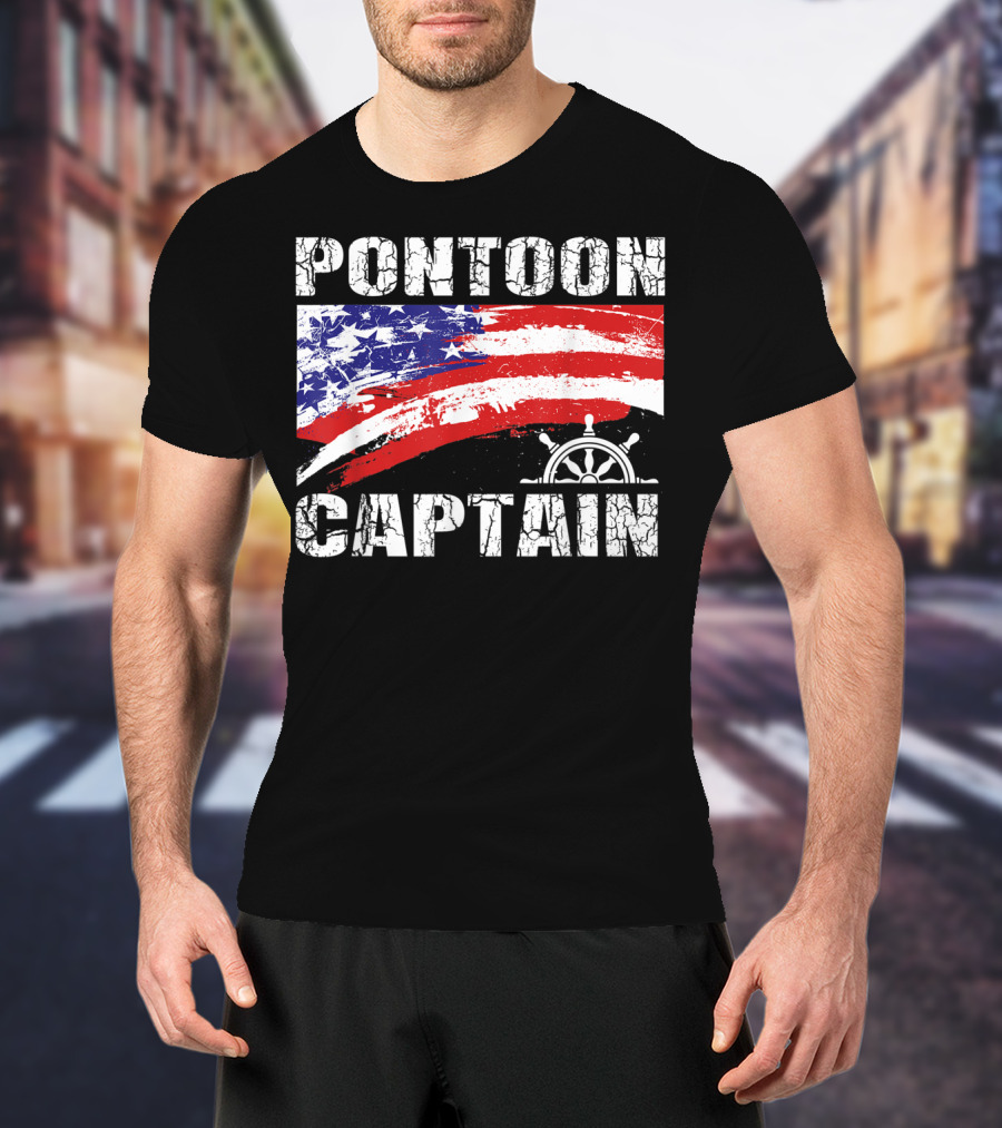 Pontoon Captain American Flag Steering Wheel Dad Boating T-Shirt