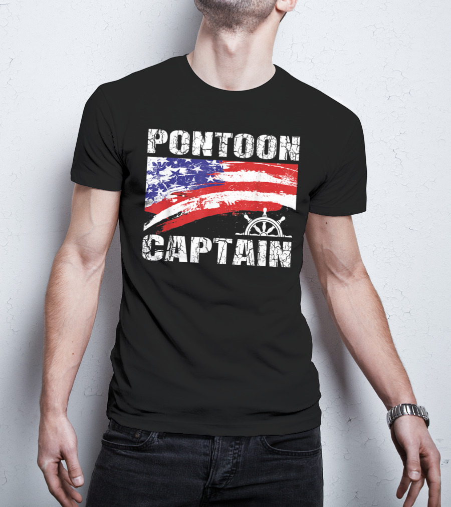 Pontoon Captain American Flag Steering Wheel Dad Boating T-Shirt