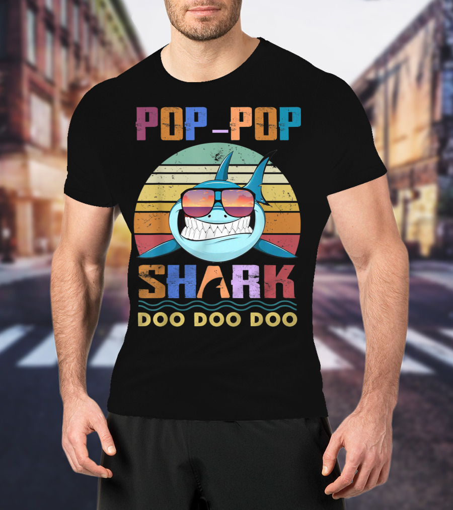 POP POP SHARK DOO DOO DOO Vintage Sunset Sunglasses Shark T-Shirt