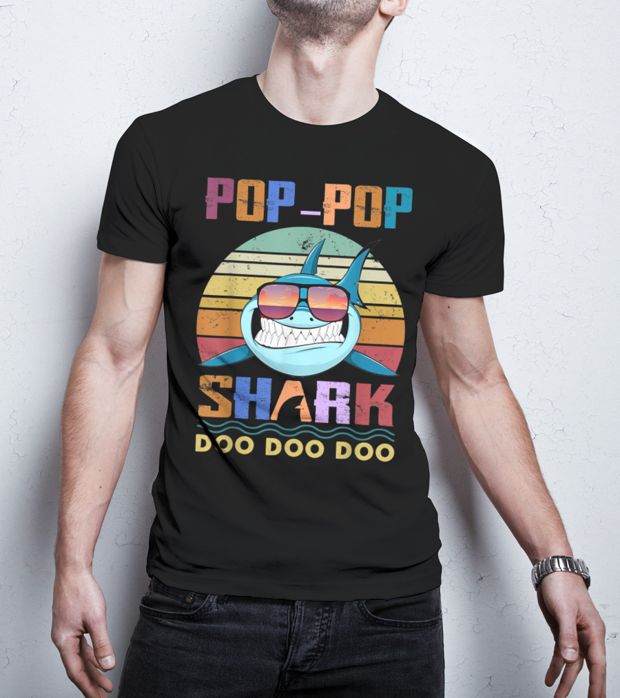 POP POP SHARK DOO DOO DOO Vintage Sunset Sunglasses Shark T-Shirt