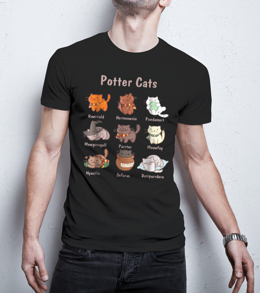 Potter Cats Rawrnald Hermeownie Pawdamort Mewgonagall Purrter Meowfoy Nyaville Sefurus Dumpurrdore Funny Cat Lovers T-Shirt