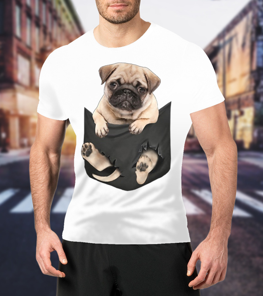 Pug Peeking Out Of Pocket With Paws Poking Through T-Shirt