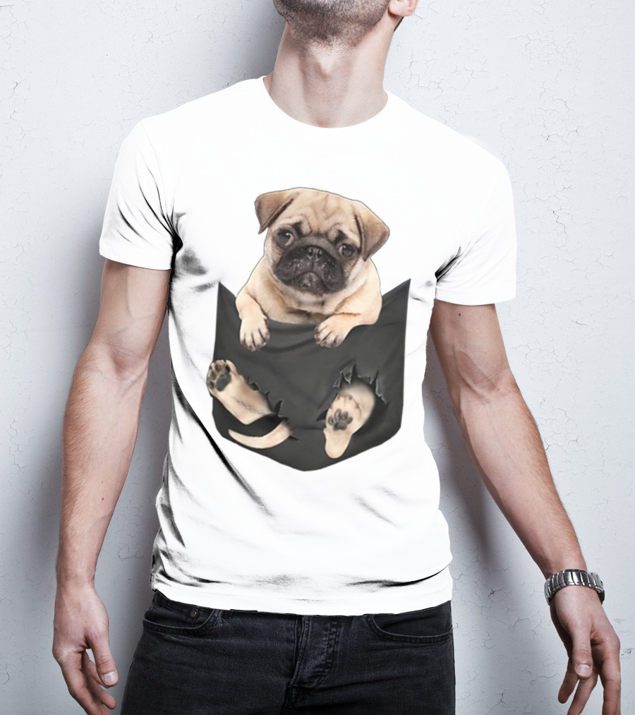Pug Peeking Out Of Pocket With Paws Poking Through T-Shirt